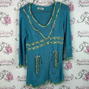 Moffi international sweater tassle beads Teal Knit Sweater with Yellow Accents